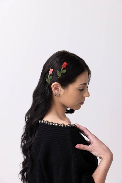 Rose Barrette Set - Red Flower Acetate Hair Clips