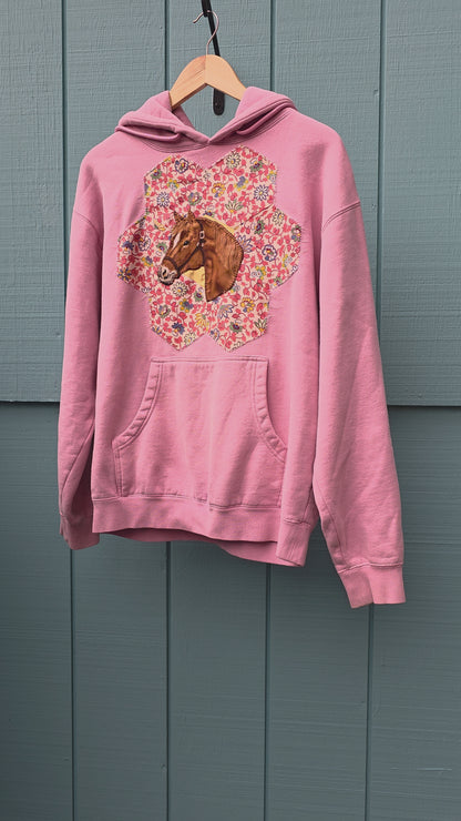 The Horse Camp Sweatshirt - Upcycled Pink Sweatshirt with 1930s Quilt Patch & Vintage Horse Patch