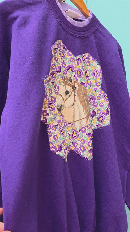 The Horse Camp Crewneck - Upcycled Vintage Crewneck with 1930s Quilt Patch & Vintage Horse Patch